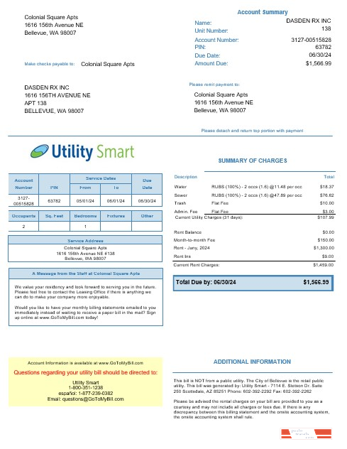 USA Arizona Utility Smart business utility bill template in Word and PDF formats
